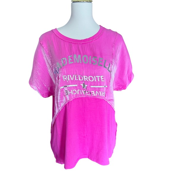 Mademoiselle Rive Droite Tops - Mademoiselle Rive Droite Neon Pink Mixed Media Graphic Tee Silver Metallic Star
